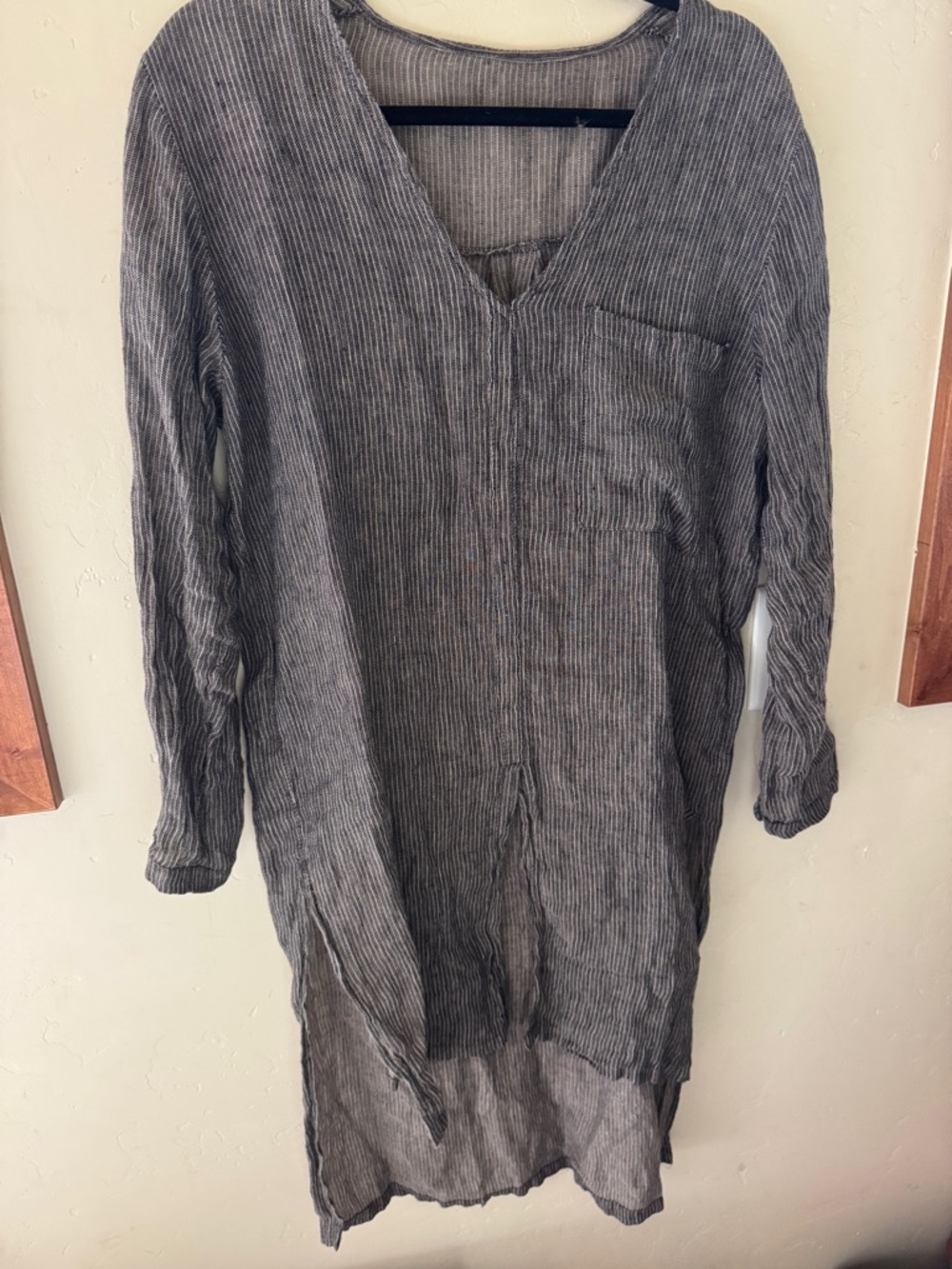 Lightweight Linen Striped V-Neck Tunic Dress in Charcoal Gray